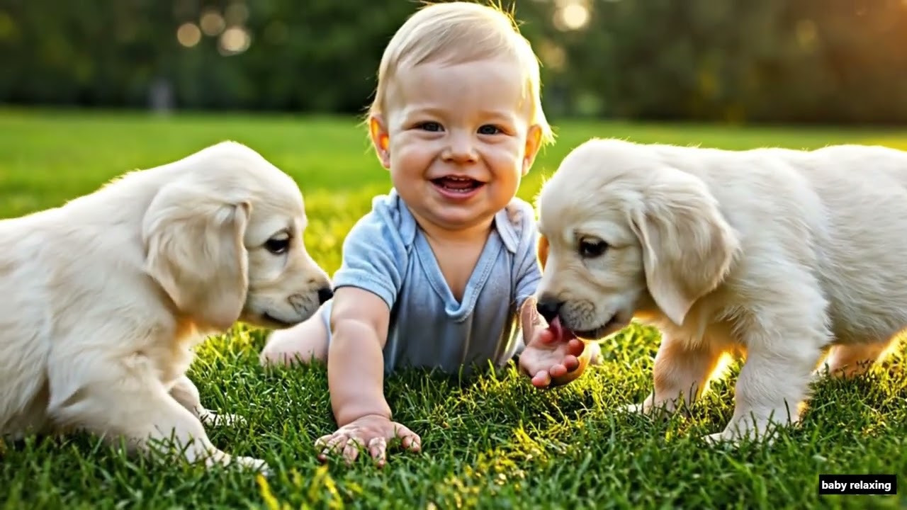 Baby 👶 Meets Golden Retriever Puppies 🐶🐶 on the Green Grass 🌿  Too Cute 💕