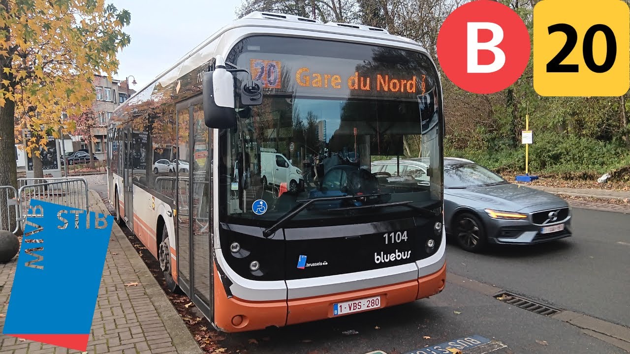 (Bus Stib) Voyage complet ligne 20 Gare du Nord à Hunderenveld Bolloré Bluebus SE n°1104.