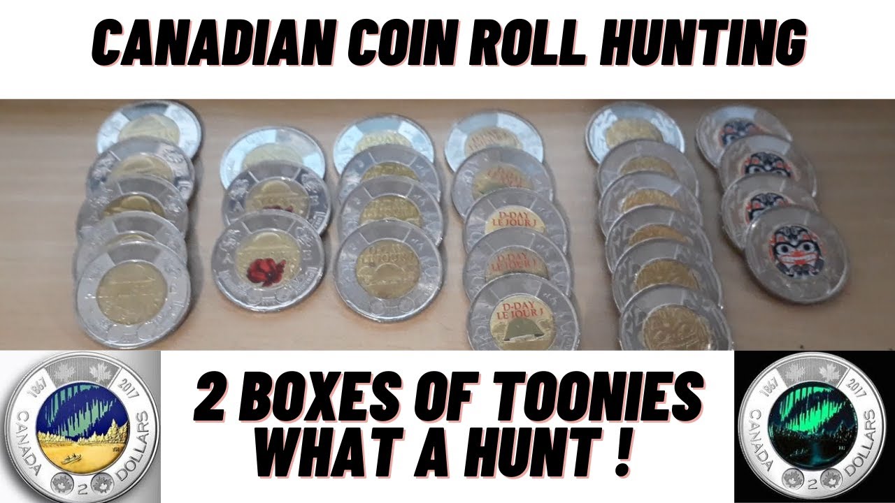 2 Boxes of toonies  - Canadian Coin roll hunting - lots of colored and Glow in the dark !