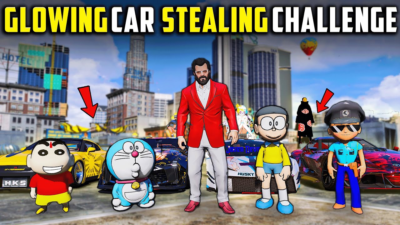 Shinchan😂& Team Glowing Cars Stealing Challenge😁🥳In GTA5 Full Fun #gta5 #rampageboy #bommalu