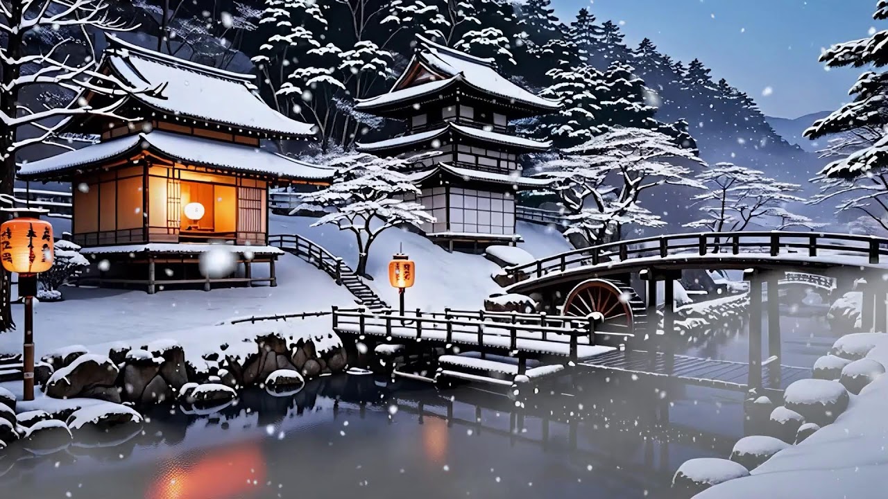 12h Ambient Zen | Music and Water Sounds for Sleep and Relaxation🌙 | 冬の水車瞑想音楽 | Thiền Mùa Đông Vol53