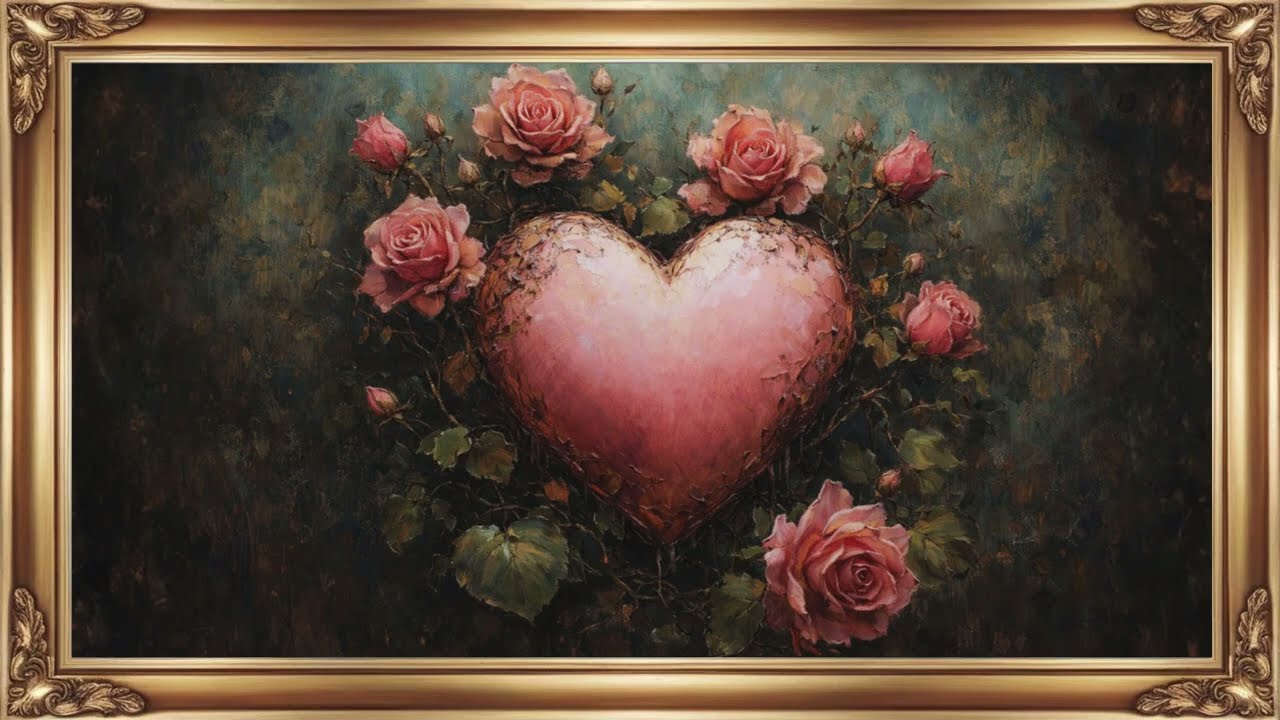 Moody Valentine's Day Romantic Heart & Roses | Vintage Valentine's Day TV Art | Pink Heart TV Art
