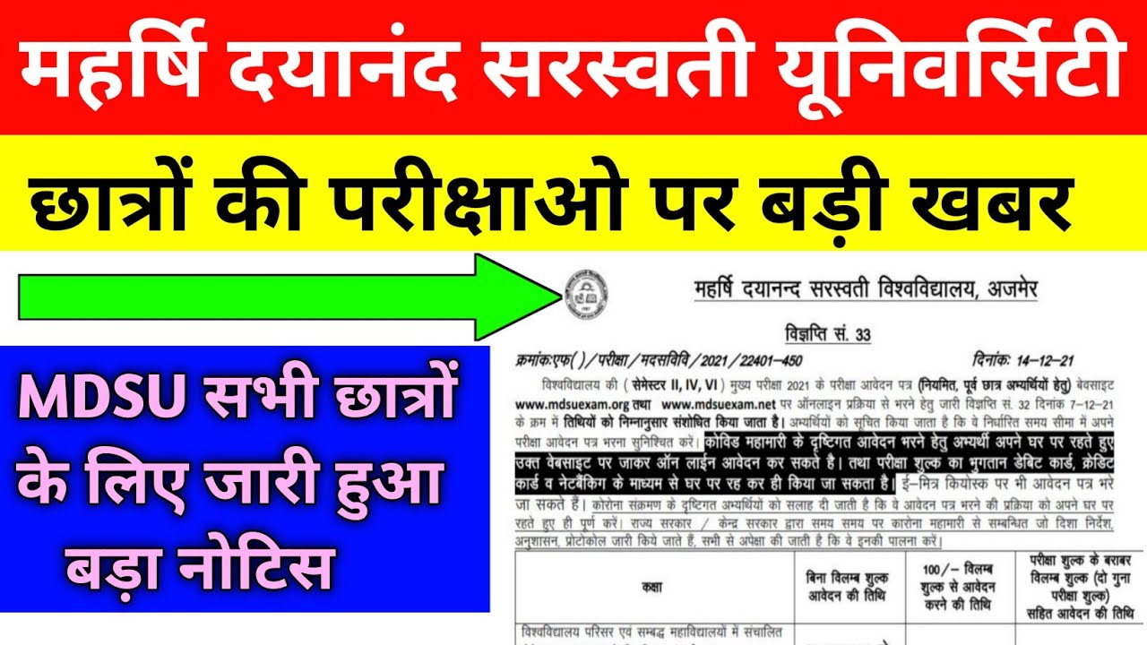 Mdsu Exam latest News 2021 ।।   Maharshi Dayanand Saraswati University ।। ug pg bed exam