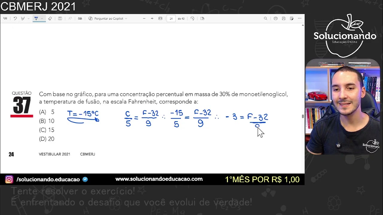 CBMERJ 2021 - Com base no gráfico, para uma concentração percentual em massa de 30% de