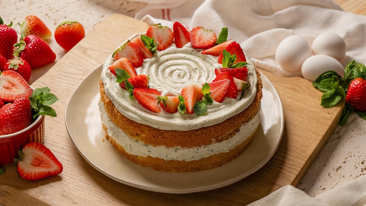 Mojito Cake. Light Cake with Strawberries and Mint
