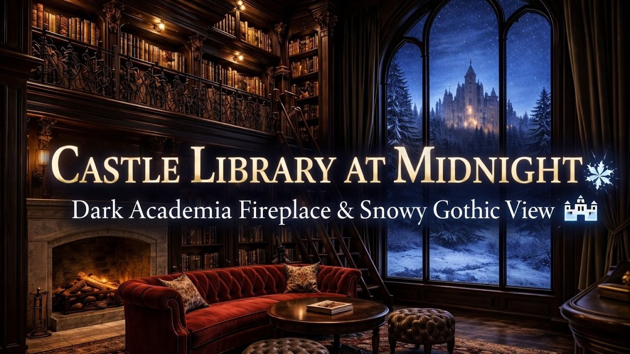 Castle Library at Midnight ❄️ Dark Academia Fireplace & Snowy Gothic View 🏰