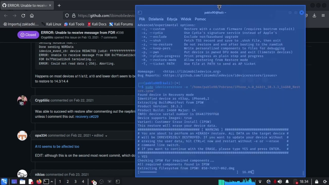 idevicerestore 10.3.3 LINUX flash iphone not done, crash basement?