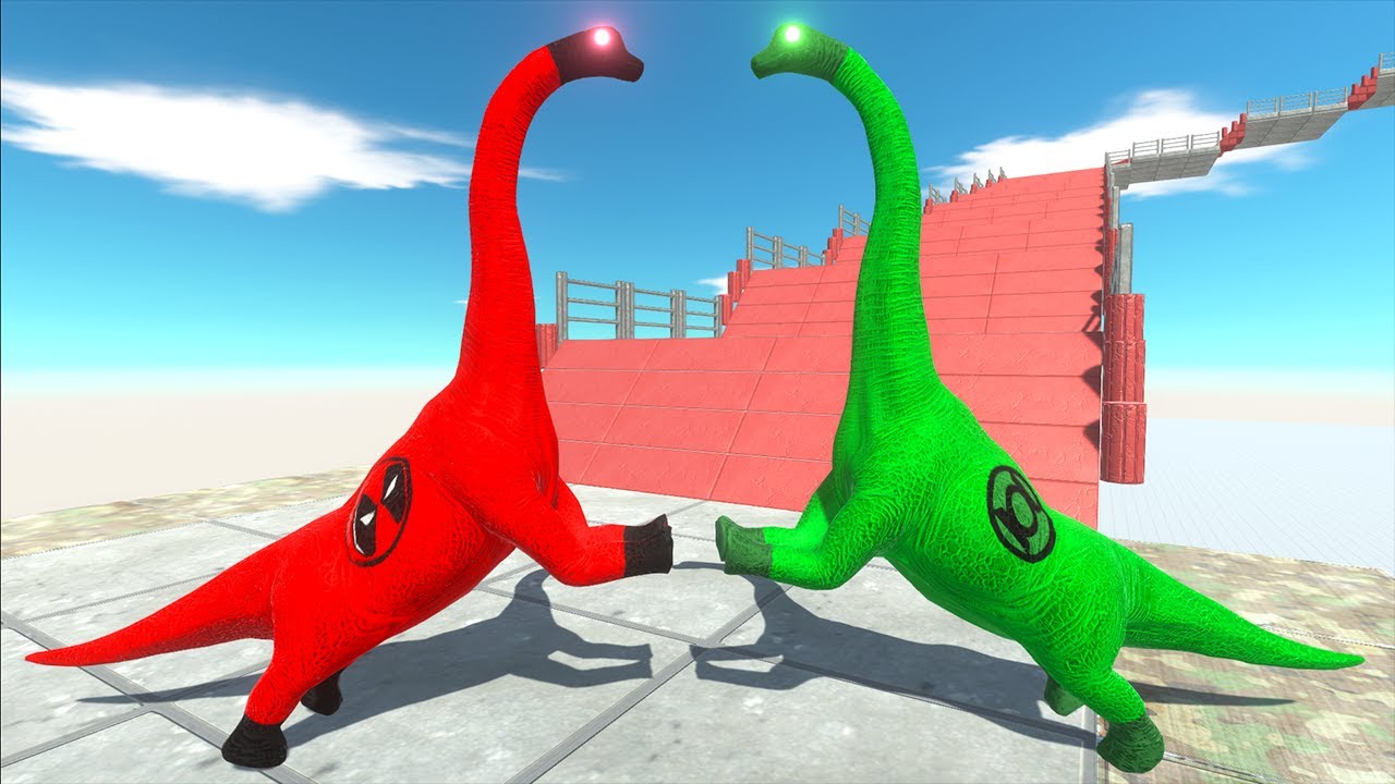 DEADPOOL BRACHIOSAURUS VS GREEN LANTERN BRACHIO DEATH FALL - Animal Revolt Battle Simulator