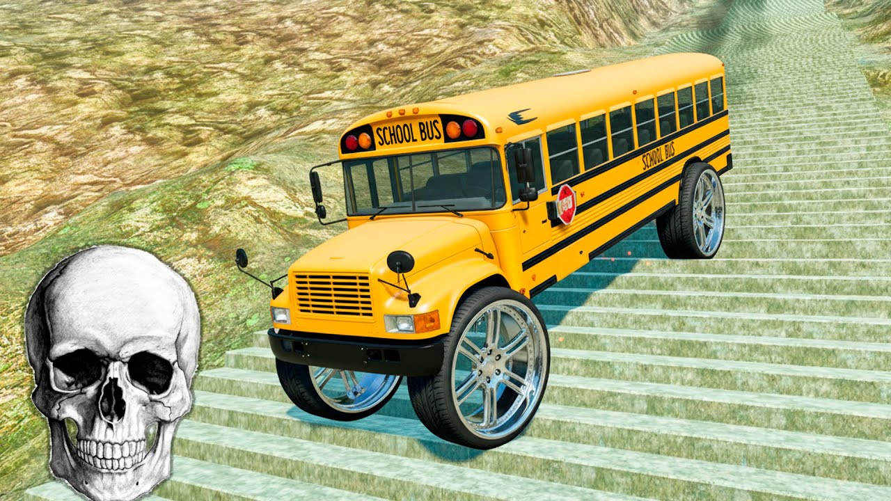 BeamNG Drive USA School Bus Crash – Stairs Jumps Down With Extreme Damage Physics
