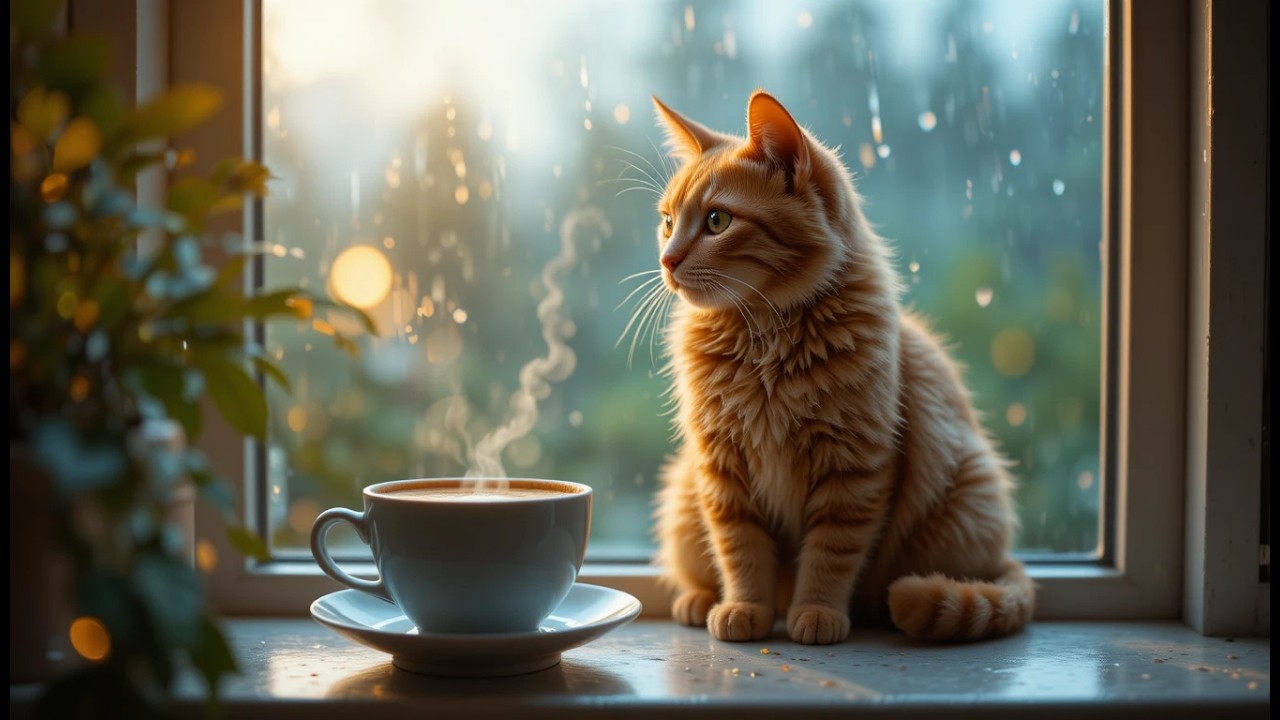 Cat by the Window ☕ Cozy Coffee Shop Ambience | Relaxing Music for Study & Sleep 1 Hours