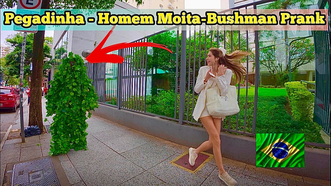 Pegadinha: Ela gritou tão alto que até o homem moita assustou - Bushman Prank in Brazil
