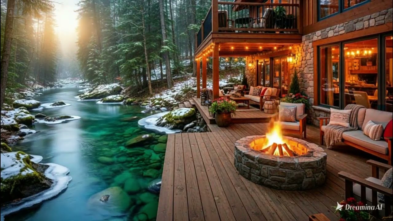 Cozy Winter Vibes with Riverside Campfire ❄️ Snowy Forest Fireplace, Water & Birds Sounds 😴