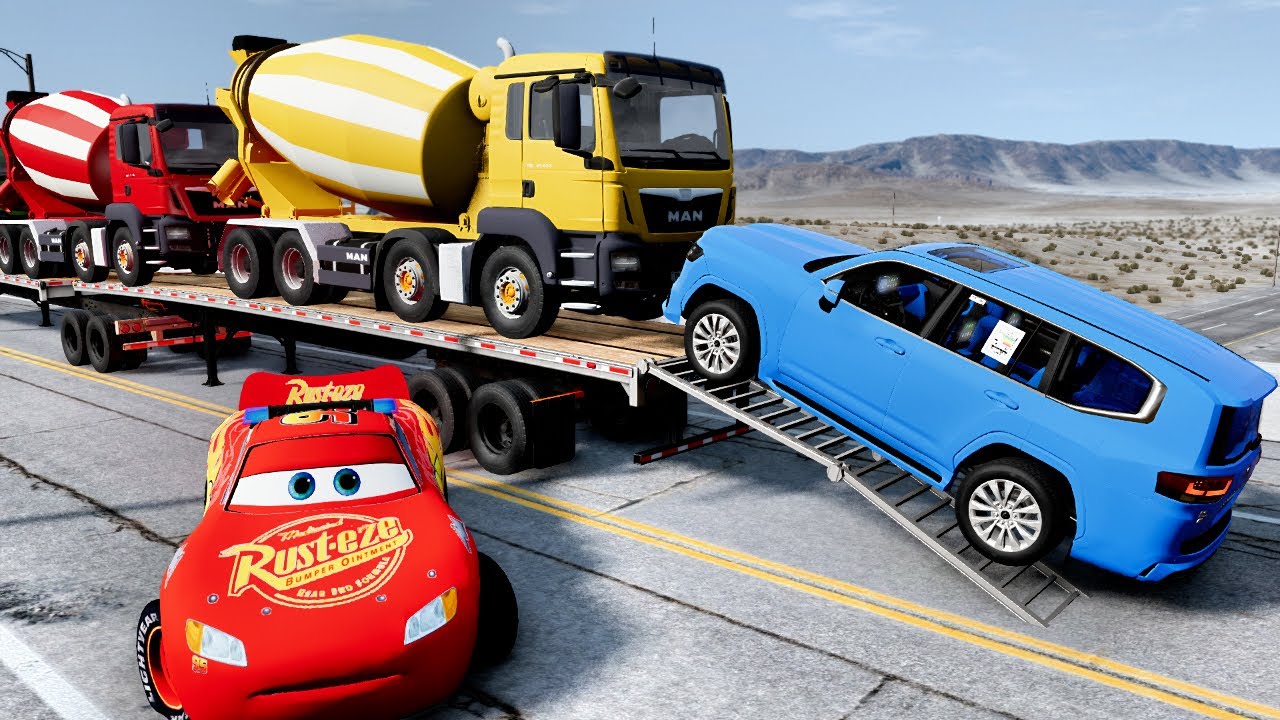 Flatbed Truck Mcqueen  Transportation with Truck   Pothole vs Car #24  BeamNG Drive 2