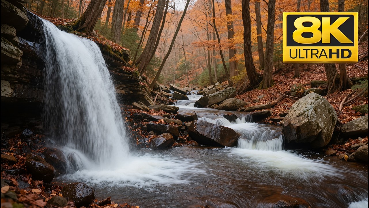 High Quality Stereo Autumn Waterfall Sounds For Relaxation  | Calming Falling Water | 8K Ultra HD