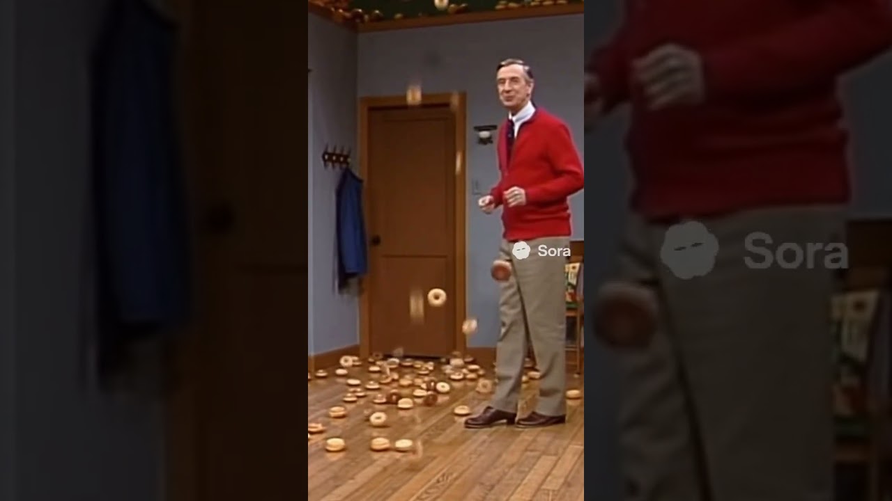 Mr Rogers sings a nonsense song while donuts rain in his house
