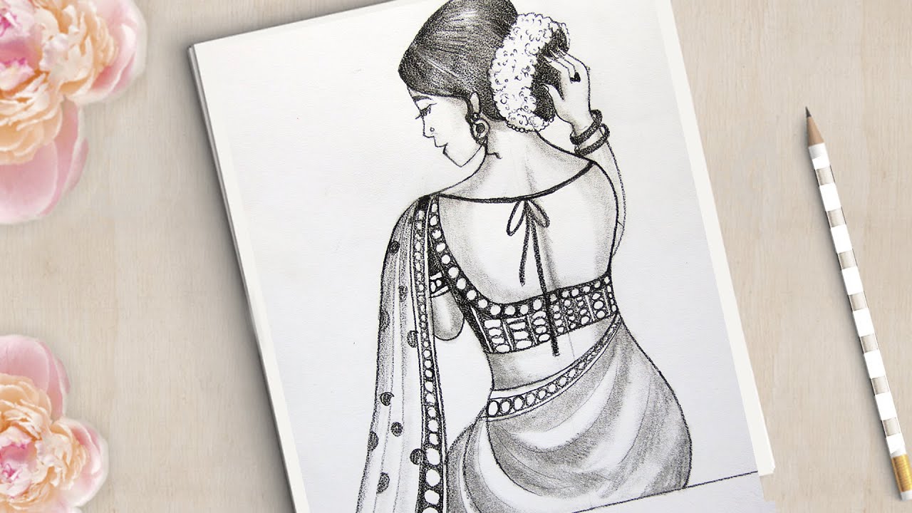 How to draw a Beautiful Traditional Girl Back Side Very Easy || Girl Drawing Easy || Pencil sketch