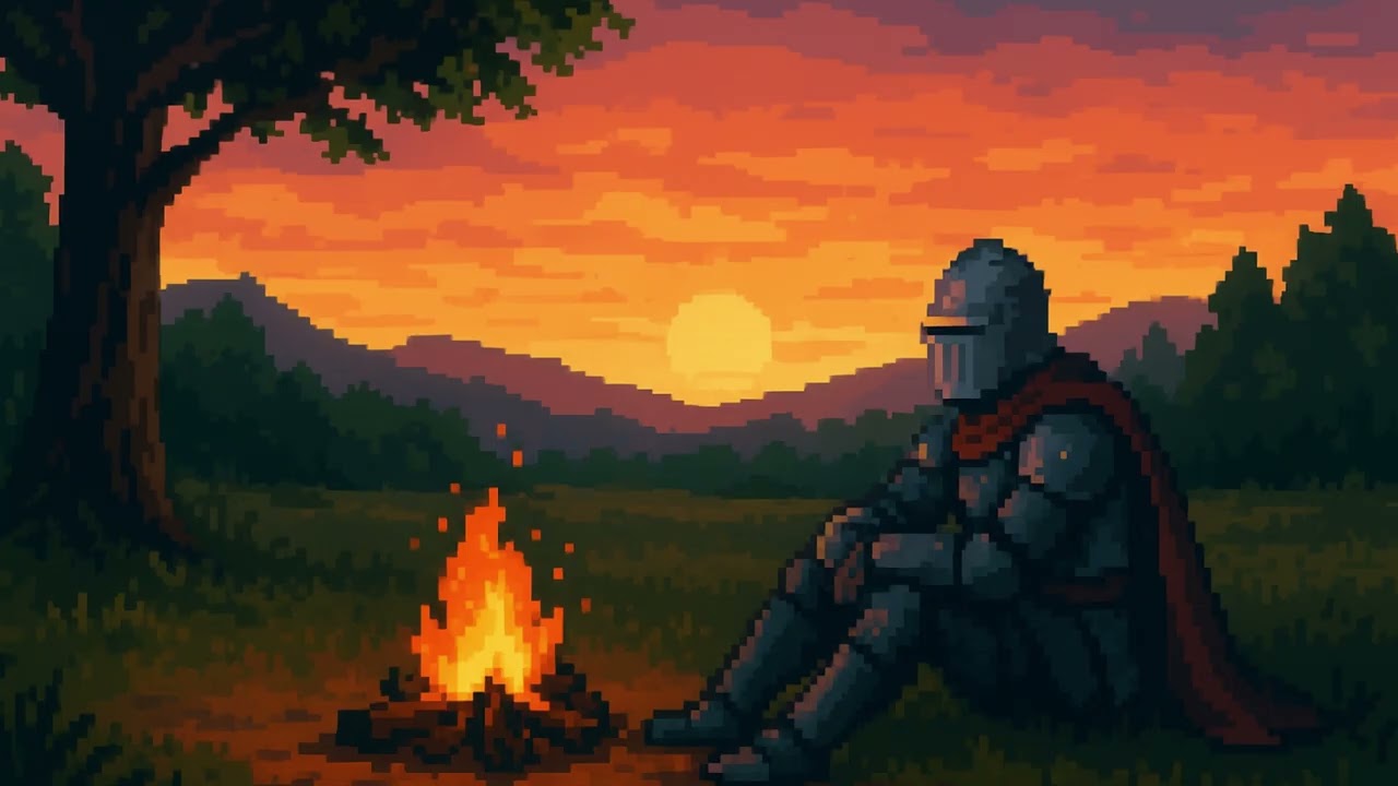 🌅 Knight’s Rest at Sunset – Relaxing Medieval Pixel Art Scene
