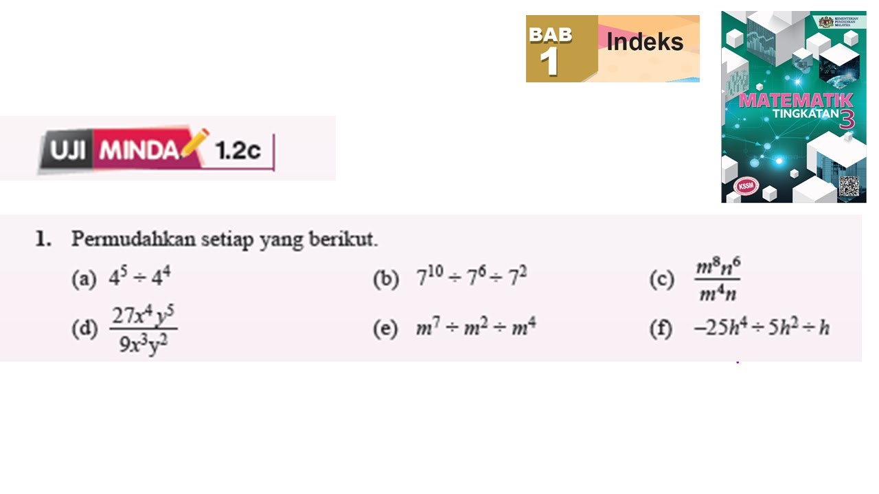 KSSM Matematik Tingkatan 3 Bab 1 indeks permudahkan setiap yang berikut uji minda 1.2c no1 buku teks