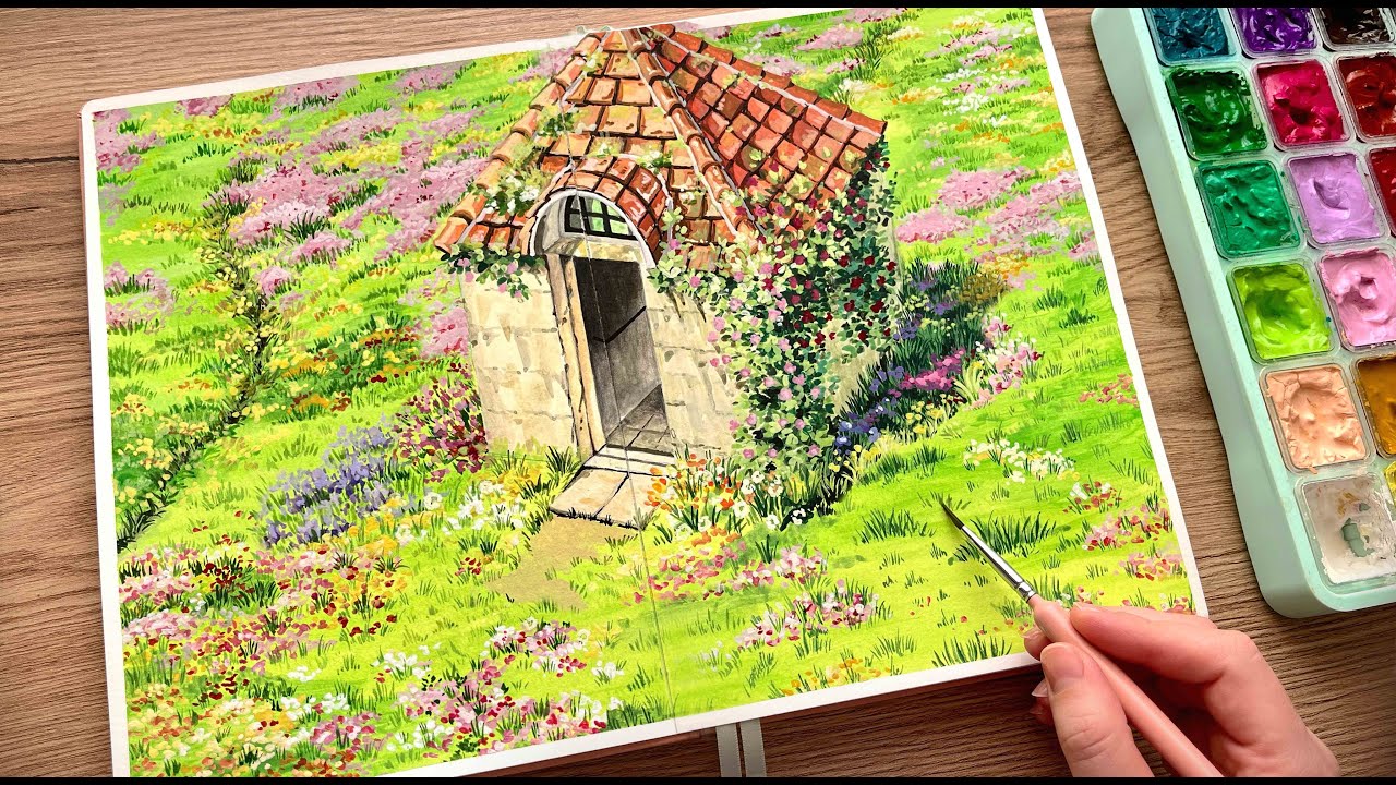 Studio Ghibli Scene Gouache Painting/ Mellow Days 'Magnolia' Sketchbook Review / Paint With Me 🌿