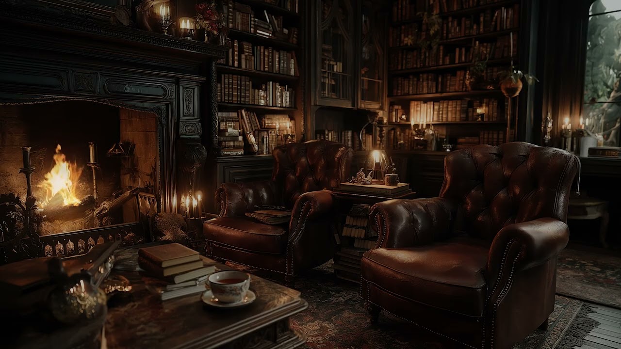 Cozy Night Library with Fireplace Crackling Sounds for Deep Sleep, Calm Focus, and Stress Relief