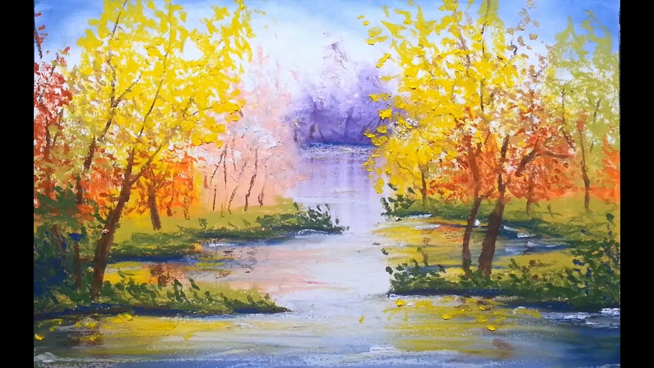 Yellow Blooms - Oil pastel painting of scenery - step by step drawing - oil pastel lesson