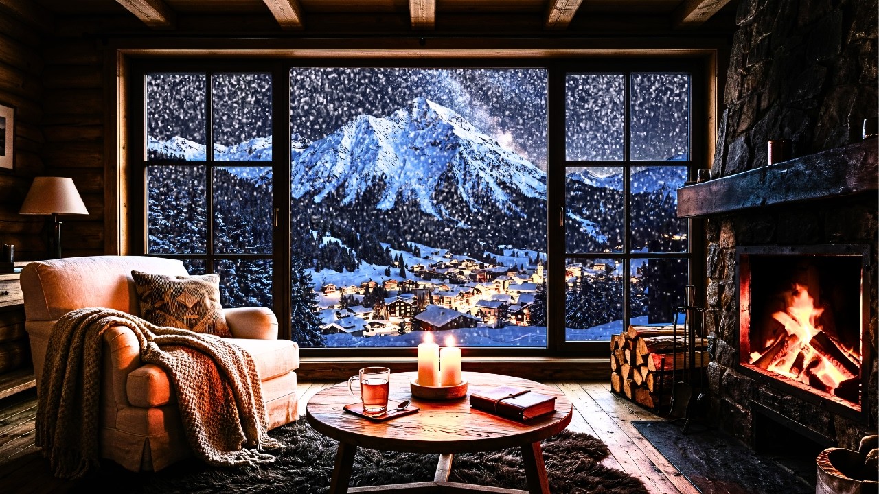 Cozy Luxury Cabin Ambience with Fireplace & Blizzard ❄️ Mountain Village View at Night (8 Hours)