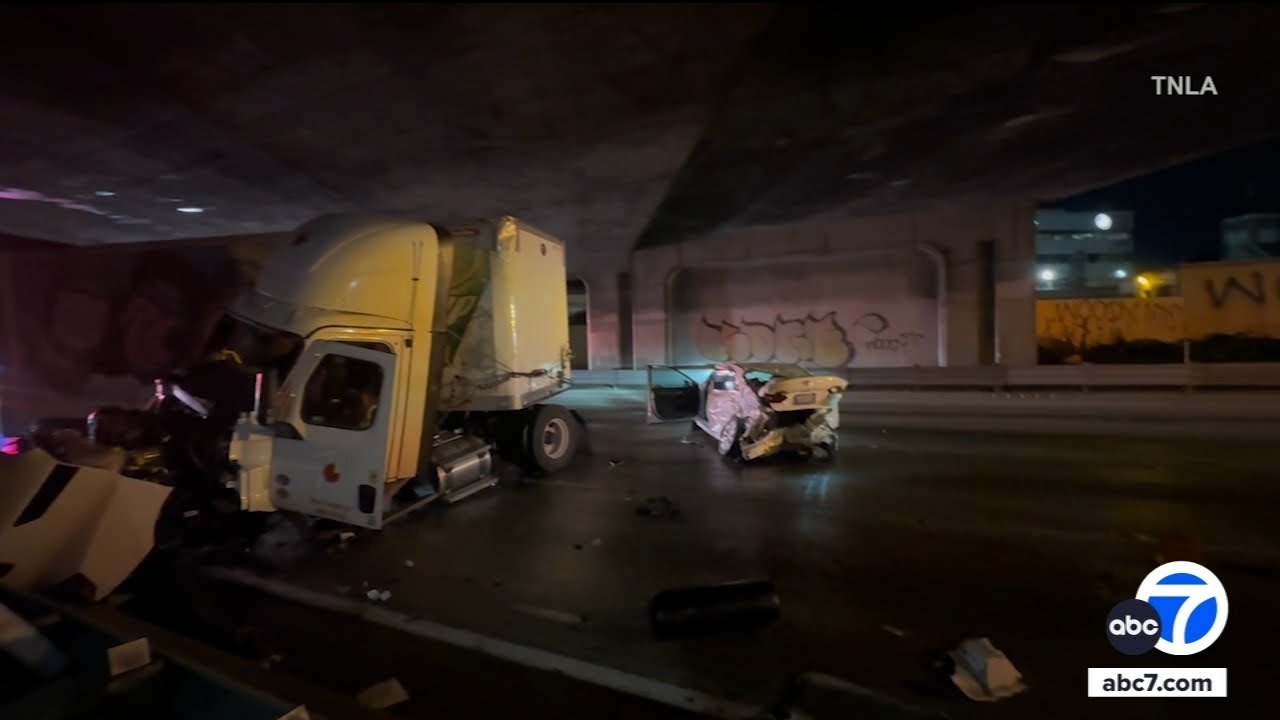 101 Freeway near downtown L.A. blocked after crash involving semi-truck