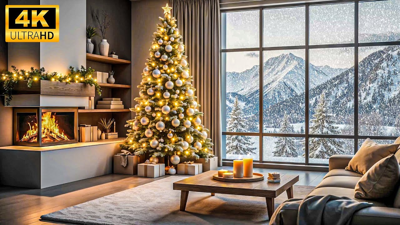 ✨ Elegant Christmas Fireplace Ambience [4K UHD] | Peaceful Winter Cabin, Snowfall & Cozy Fire Sounds