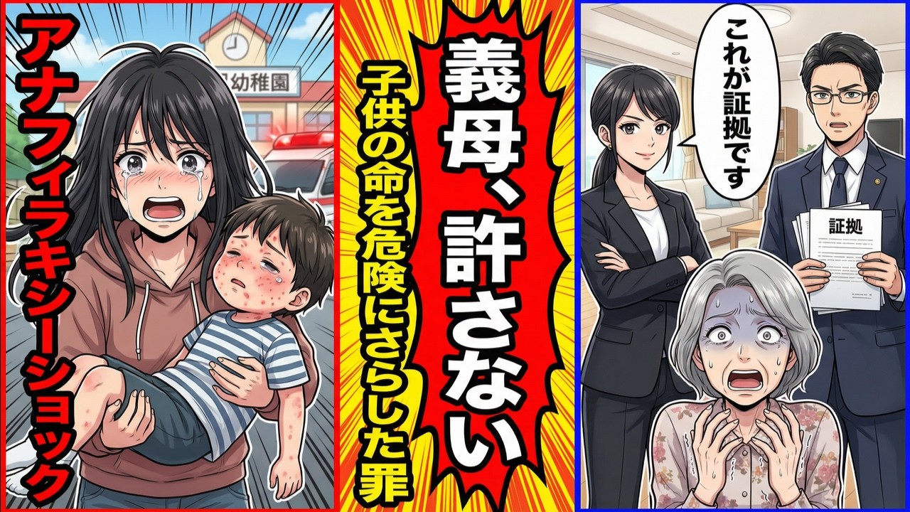 【漫画】義母が孫のエビアレルギーを無視してお菓子を食べさせた結果⇒弁護士に「傷害罪」で申告した結果【スカッと】