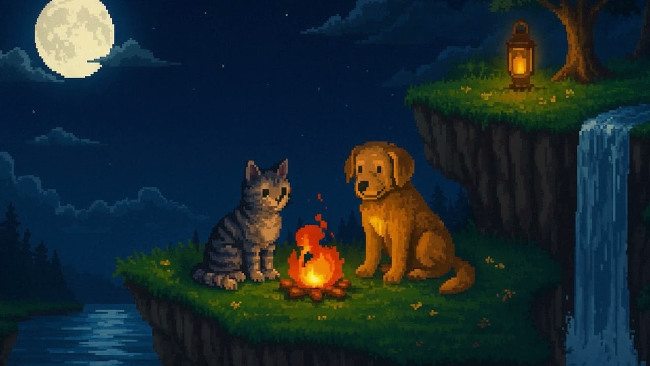焚き火を囲む猫と犬｜16bitピクセルアート×チルBGM