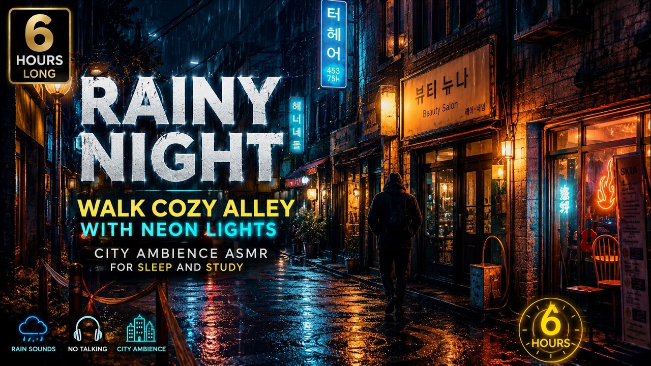 🏙️ Rainy Night 🚶‍♂️Walk Cozy Alley with Neon Lights 🌧️ City Ambience ASMR for Sleep and Study
