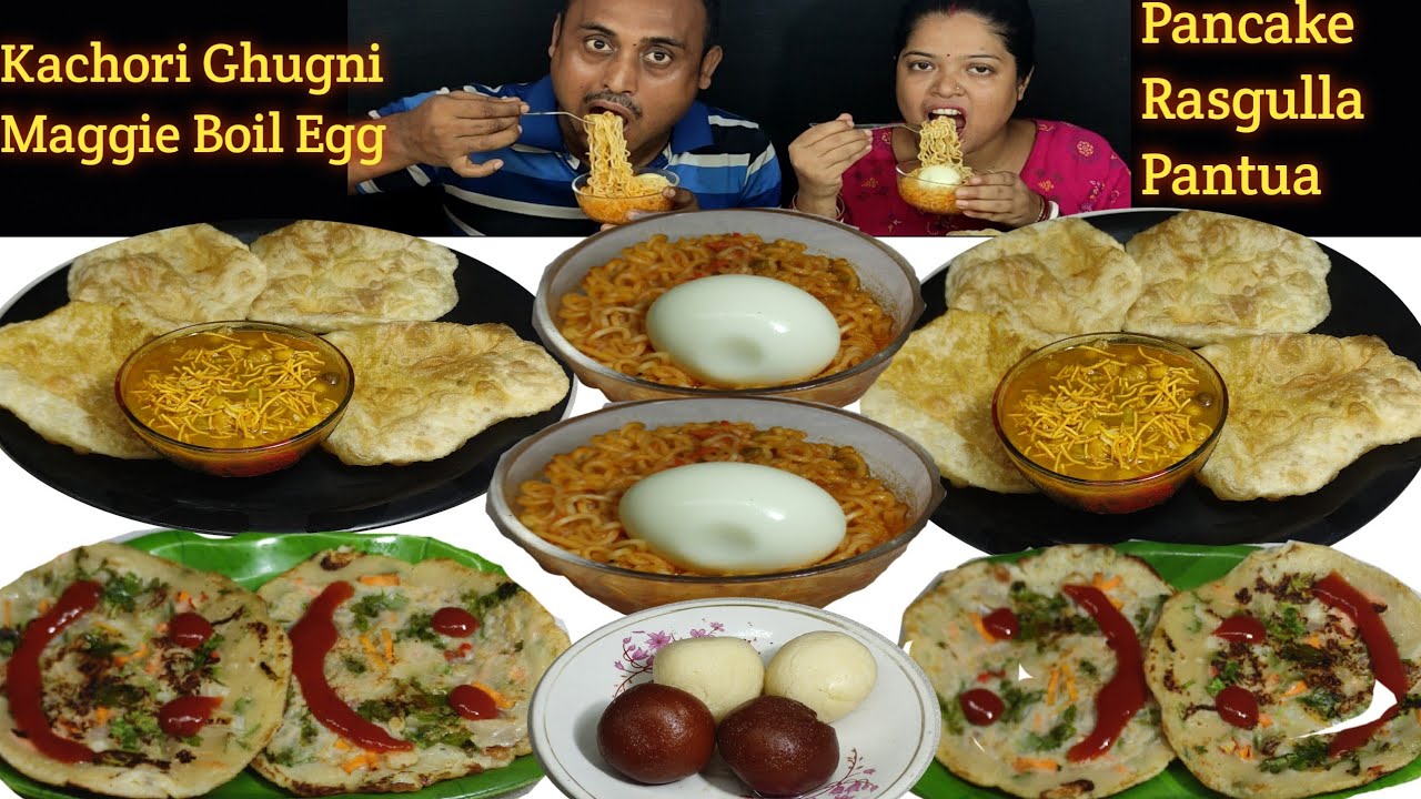 Bengali Eating Challenge || Kachori Ghugni Maggie Boil Egg Pancake Rasgulla Pantua