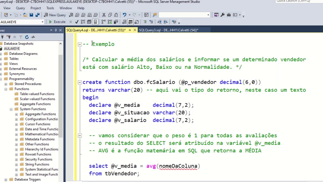 Vídeo Aula - SQLServer - Criar Funções (Functions)