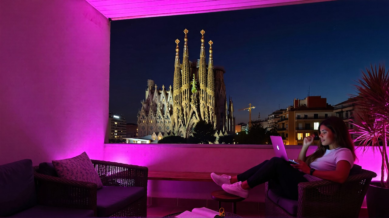 Barcelona Pink Neon Night 🌃 Sagrada Família Rooftop Vibes | Lo-Fi Chill Beats to Study & Relax ✨