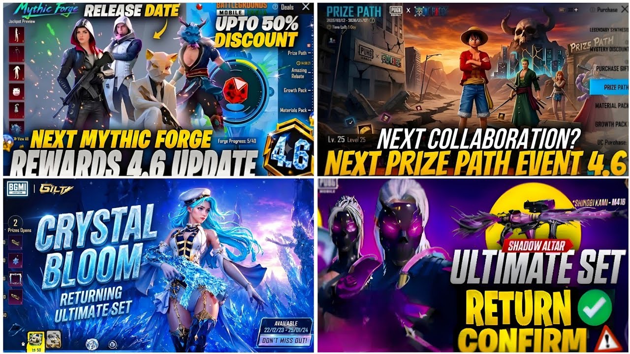 🔴NEXT MYTHIC FORGE BGMI 4.6😍| NEXT PRIZE PATH BGMI🔥| NEXT ULTIMATE SET BGMI & RETURNING ULTIMATE SET