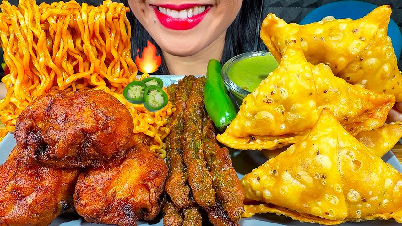 ASMR SPICY NOODLES, CHICKEN SAMOSA, SPICY FRIED CHICKEN, ASPARAGUS FRY MASSIVE Eating Sounds