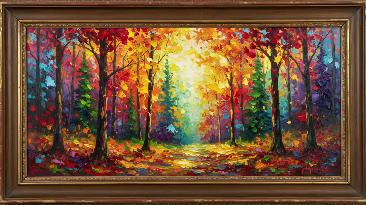 Autumn Forest Landscape Painting | Gold Frame TV Art | Vintage Fall Art Screensaver for TV | 1 Scene