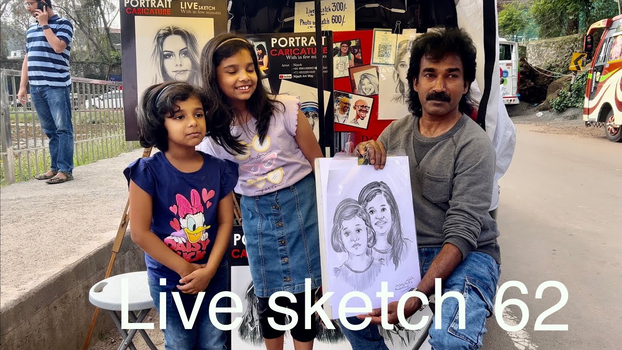 Street artist live portrait sketch 2 face in one paper