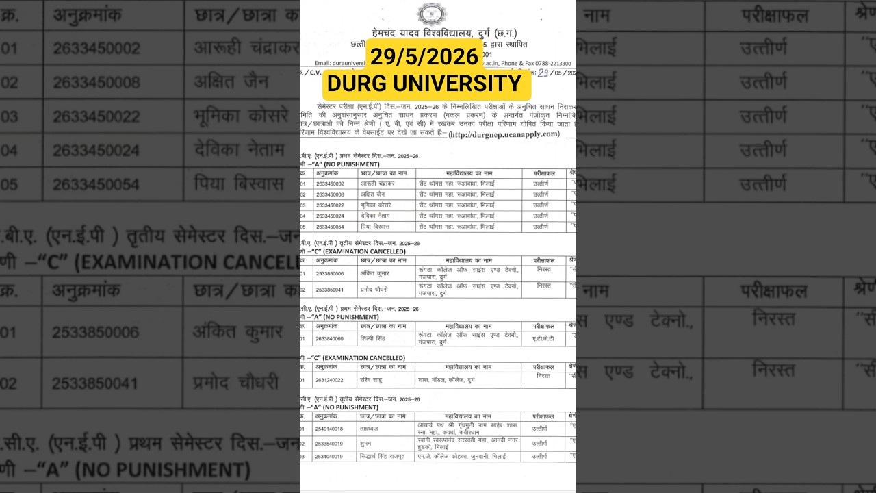 29 May 2026 | DURG UNIVERSITY RESULT 2026 | CG EDUCATION NEWS | #durguniversity #cgeducationnews