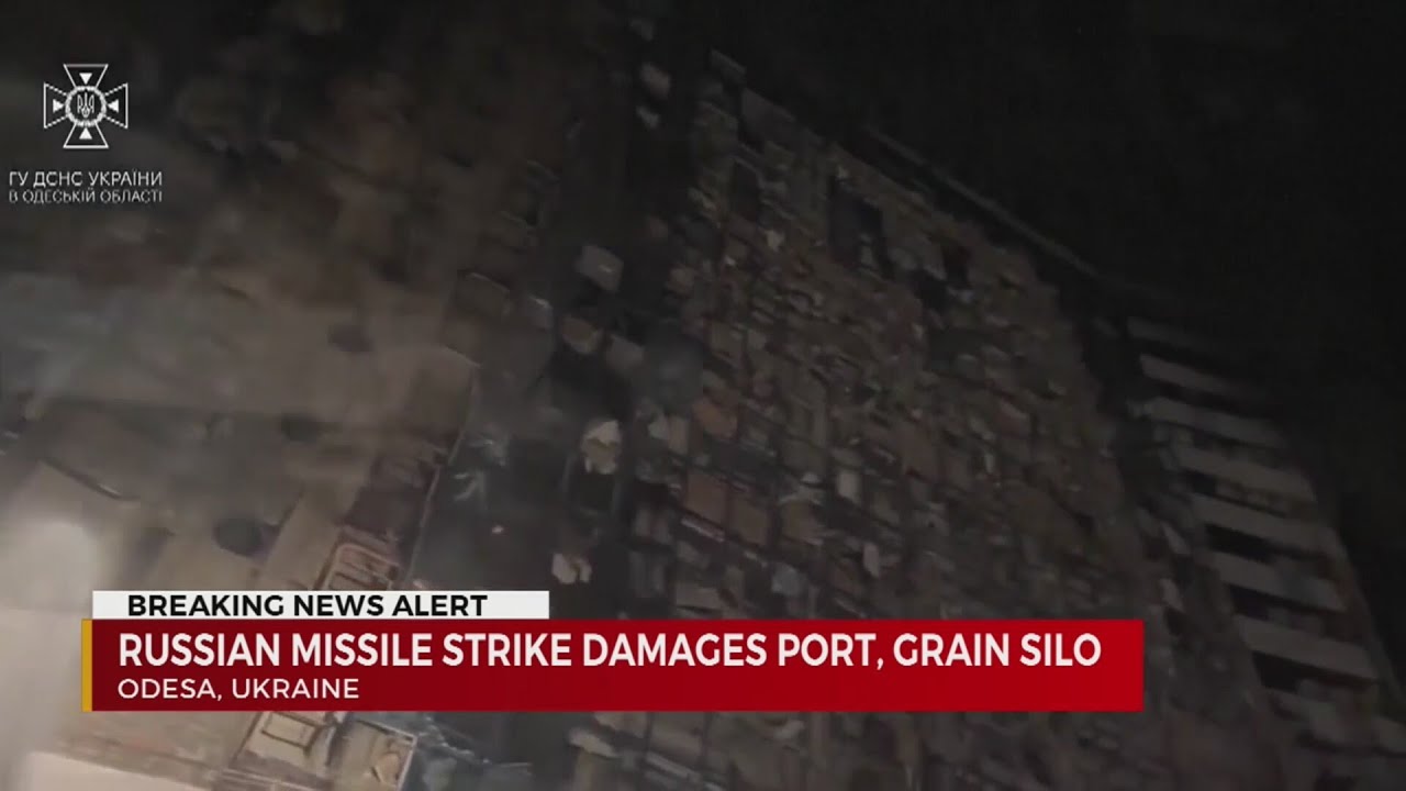 Russian missile strike damages port, grain silo
