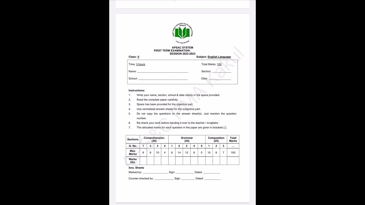 Past Paper English Language ||Solution || APS Class 5th