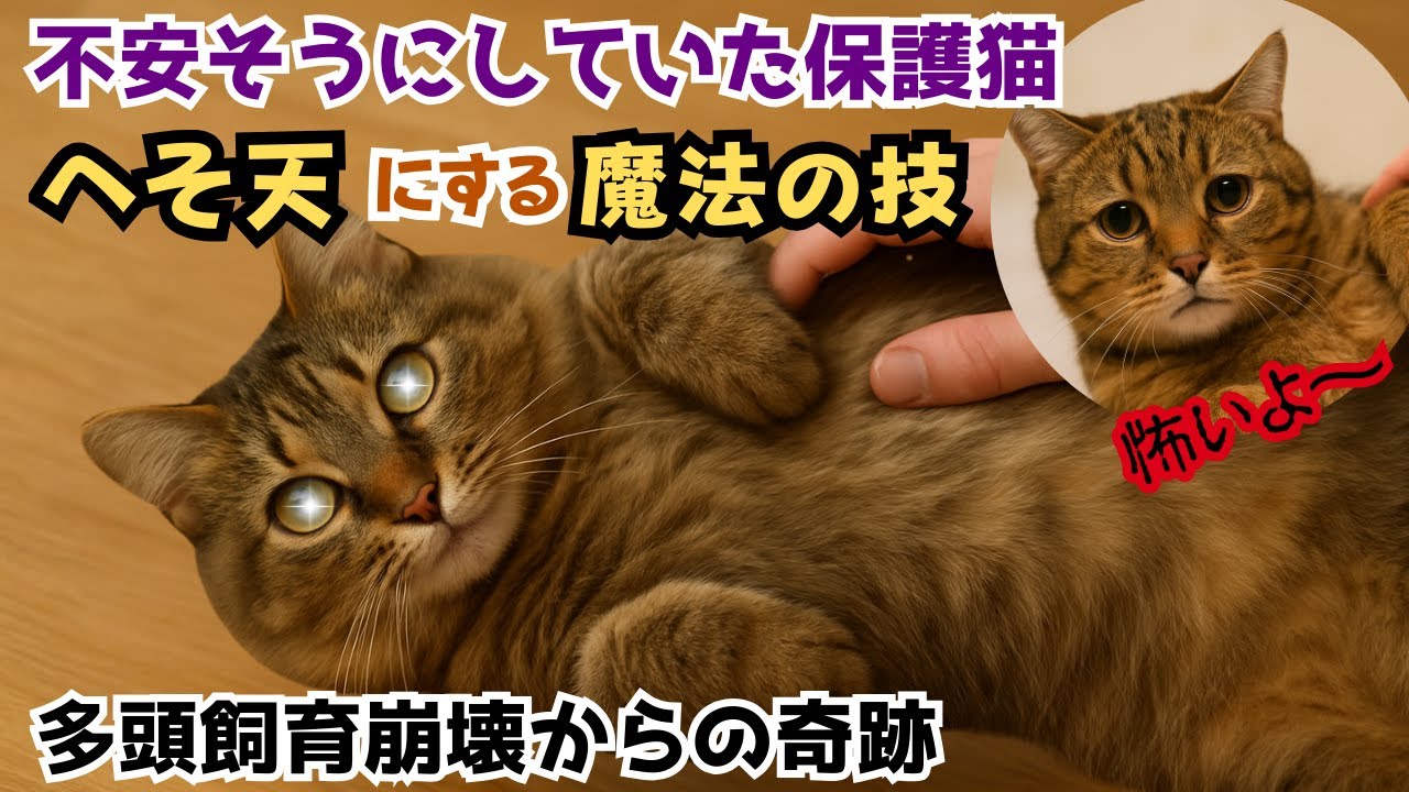 警戒心ＭＡＸだったキジトラが一瞬でへそ天になった魔法のワザとは（保護猫カフェｃａｌｍ）The magic of a wary brown tabby cat becoming affectionate