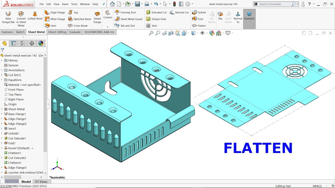 Solidworks Sheet metal for Beginners Exercise 142-Heming,Vent,forming tool