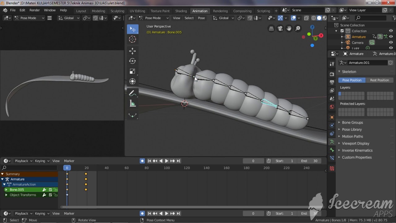 Timelapse Pembuatan Animasi 3D Ulat Bergerak dengan Blender 2.8