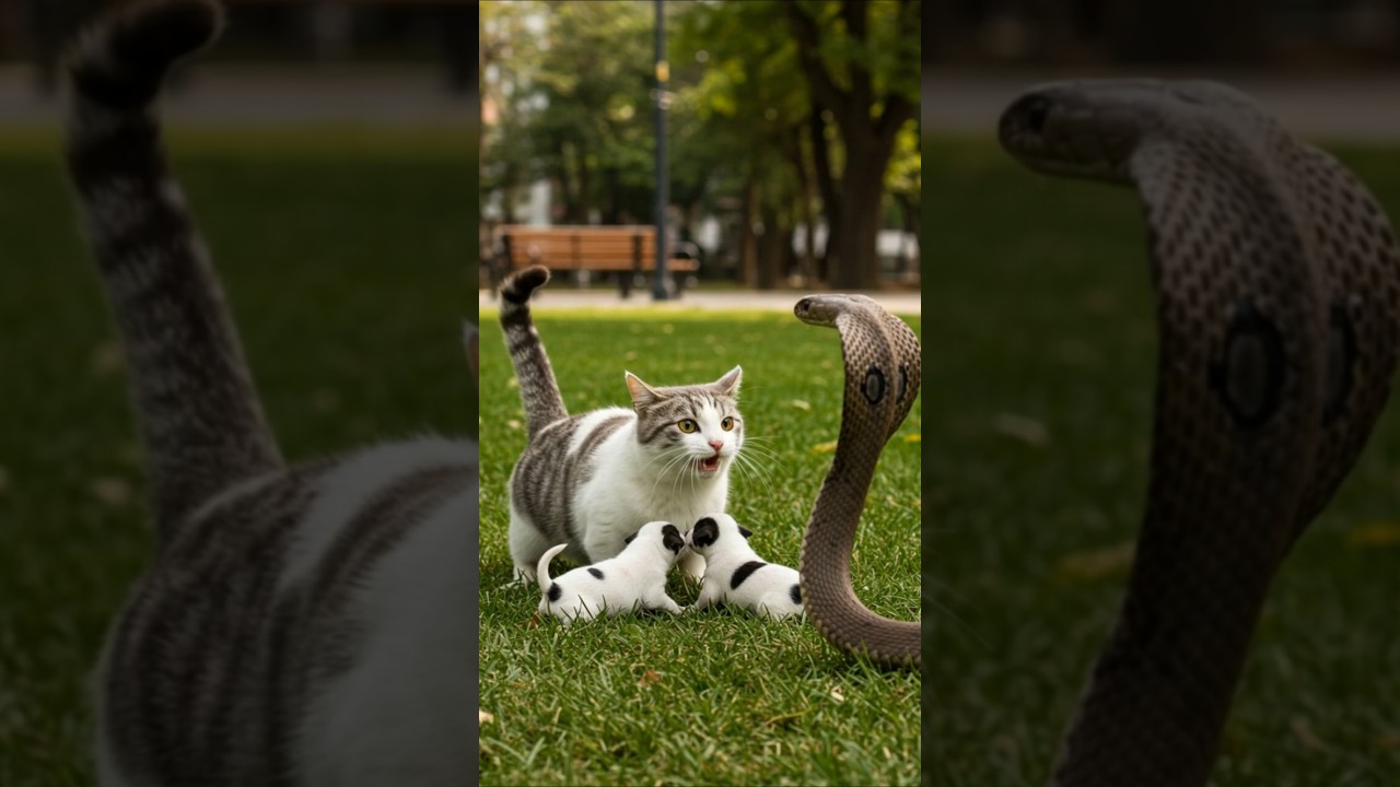 Tense Encounter of a Cat, Puppies, and a Snake #cat #catlovers #catmom #catvssnake
