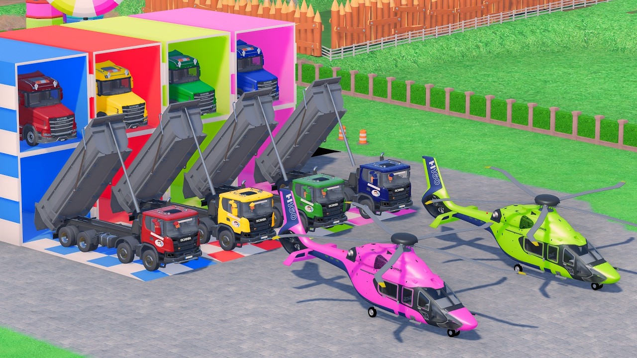 TRANSPORTING BUS, POLICE CARS, DUMP TRUCK, BOX TRUCK, FIRE TRUCK WITH SCANIA TRUCK - FS22 #98