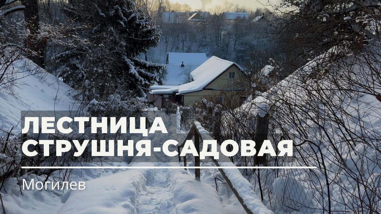 Подъем по заснеженной лестнице со Струшни на ул. Садовую. Могилёв, Беларусь