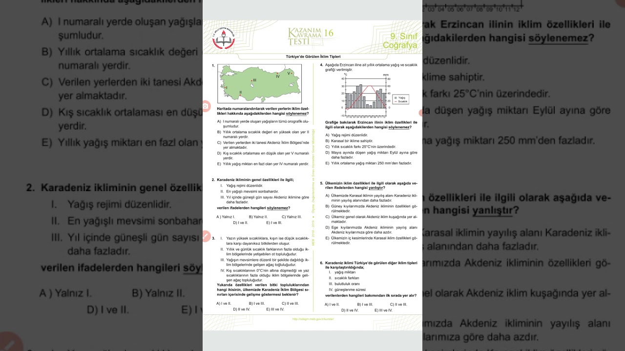 MEB kazanım testi 16 (Türkiye'nin iklim tipleri)