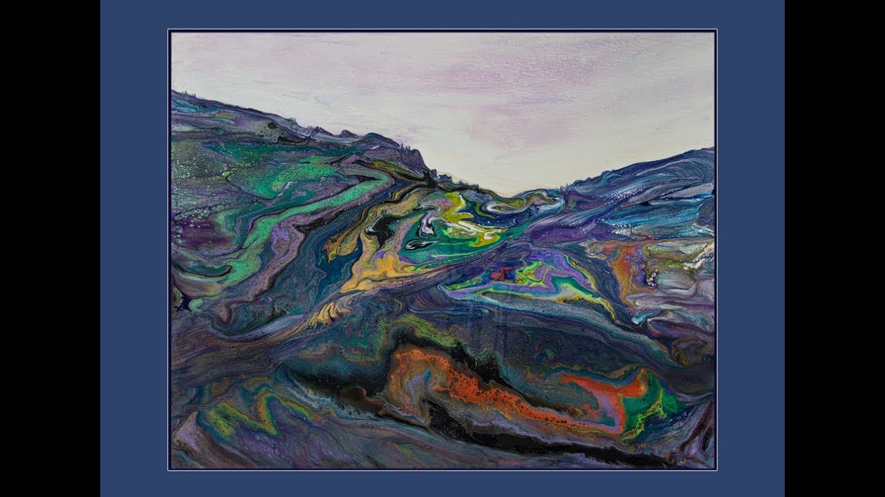 Fluid Acrylic Pouring, A Colorful Layered Landscape With A Pink Sky, Lots Of Tools#5449 -7.19.19