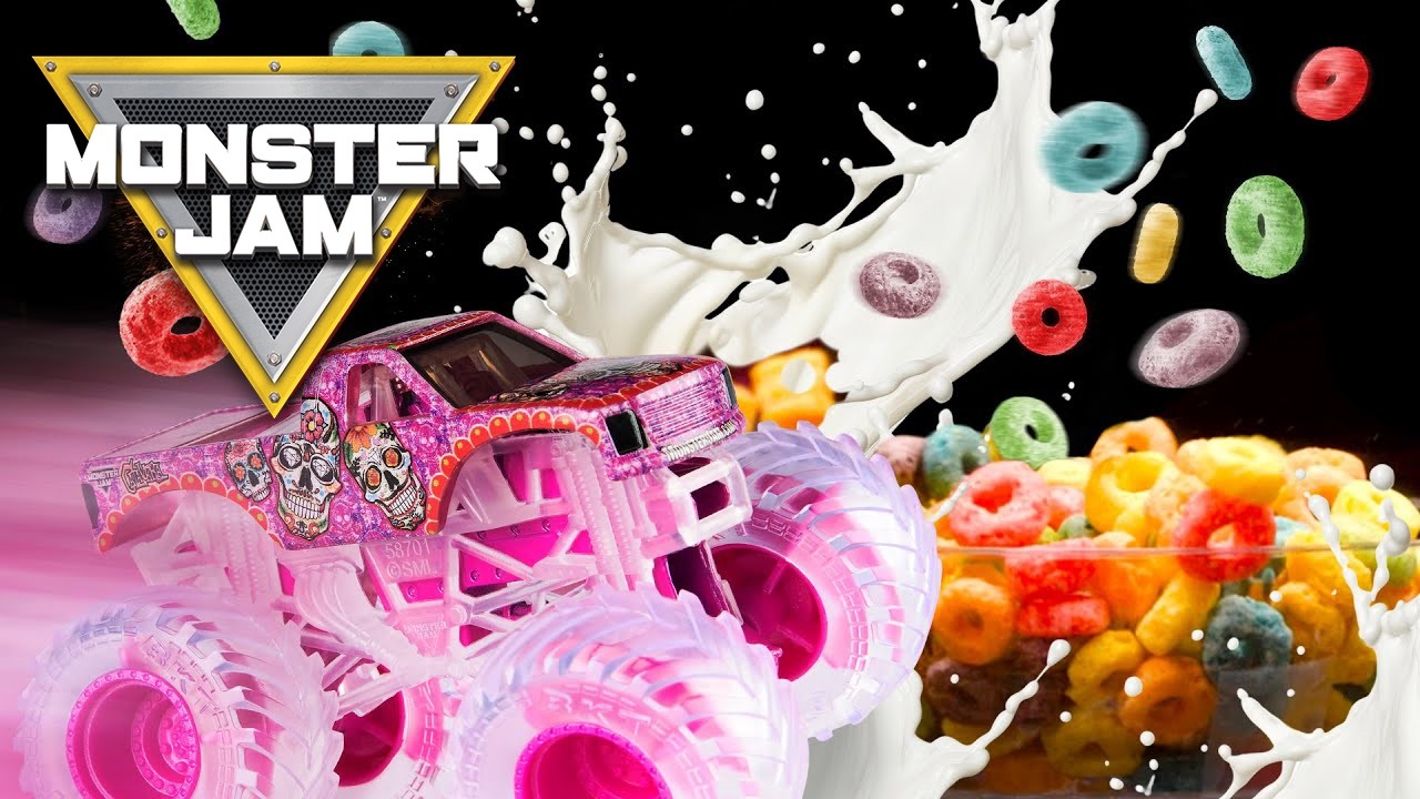 Monster Jam Trucks smash through cereal! / Trucks vs Food!